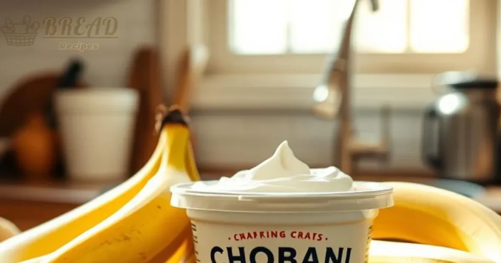 A container of Chobani Greek Yogurt surrounded by ripe bananas and baking ingredients, set on a rustic wooden kitchen countertop, with soft natural light streaming in from a nearby window, creating a warm and inviting atmosphere.