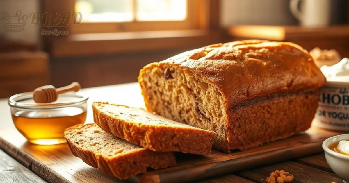 A freshly baked loaf of banana bread on a rustic wooden table, with a golden-brown crust and a moist, fluffy interior showcasing ripe banana pieces. Surrounding the bread, small bowls of Chobani yogurt, honey, and scattered walnuts, with warm sunlight streaming in through a window, creating a cozy kitchen atmosphere.