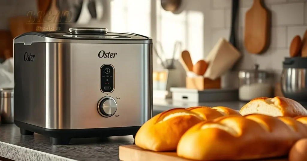 A modern, sleek Oster bread machine sitting on a kitchen countertop, surrounded by fresh ingredients like flour, yeast, and a loaf of freshly baked bread, warm golden crust, soft interior visible, bright and airy kitchen with natural
