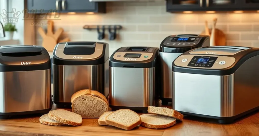 A collection of sleek Oster bread machines in a modern kitchen setting, showcasing various models and features, with fresh loaves of bread beautifully placed around them, warm lighting highlighting the appliances and a rustic wooden countertop.
