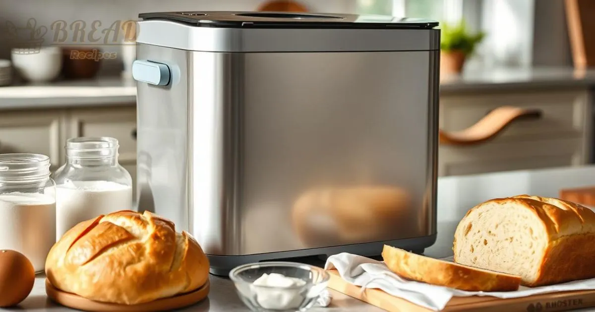 A sleek Oster bread machine on a kitchen countertop, surrounded by freshly baked loaves of bread, warm golden crusts, and a cozy kitchen atmosphere with natural light streaming in, showcasing kitchen utensils and ingredients like flour, sugar, and eggs nearby.