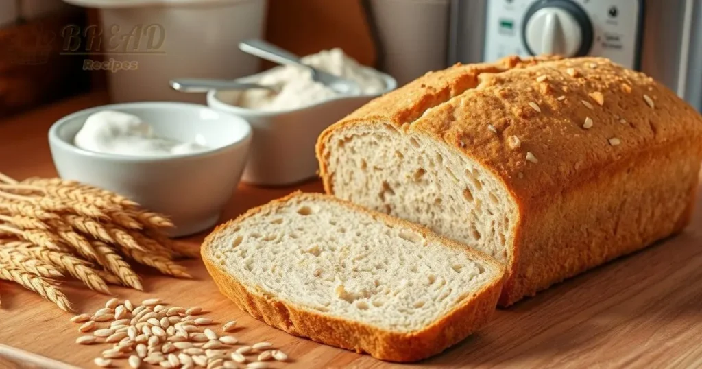 A rustic kitchen scene showcasing a freshly baked loaf of wheat and yogurt bread on a wooden countertop, surrounded by wheat grains, a bowl of plain yogurt, measuring cups filled with flour, and a bread machine, with warm natural lighting illuminating the textures of the bread crust and the ingredients.